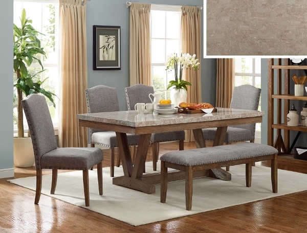 Crown Mark - Vesper Real Marble Table w/4 Chairs & Bench