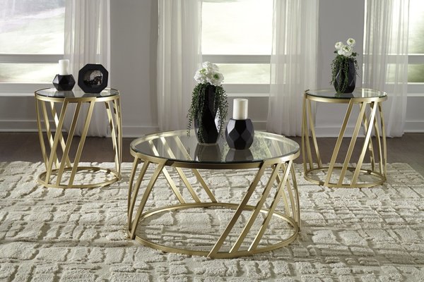 Ashley Furniture - Austiny Modern Gold & Glass Coffee&End Tables Set